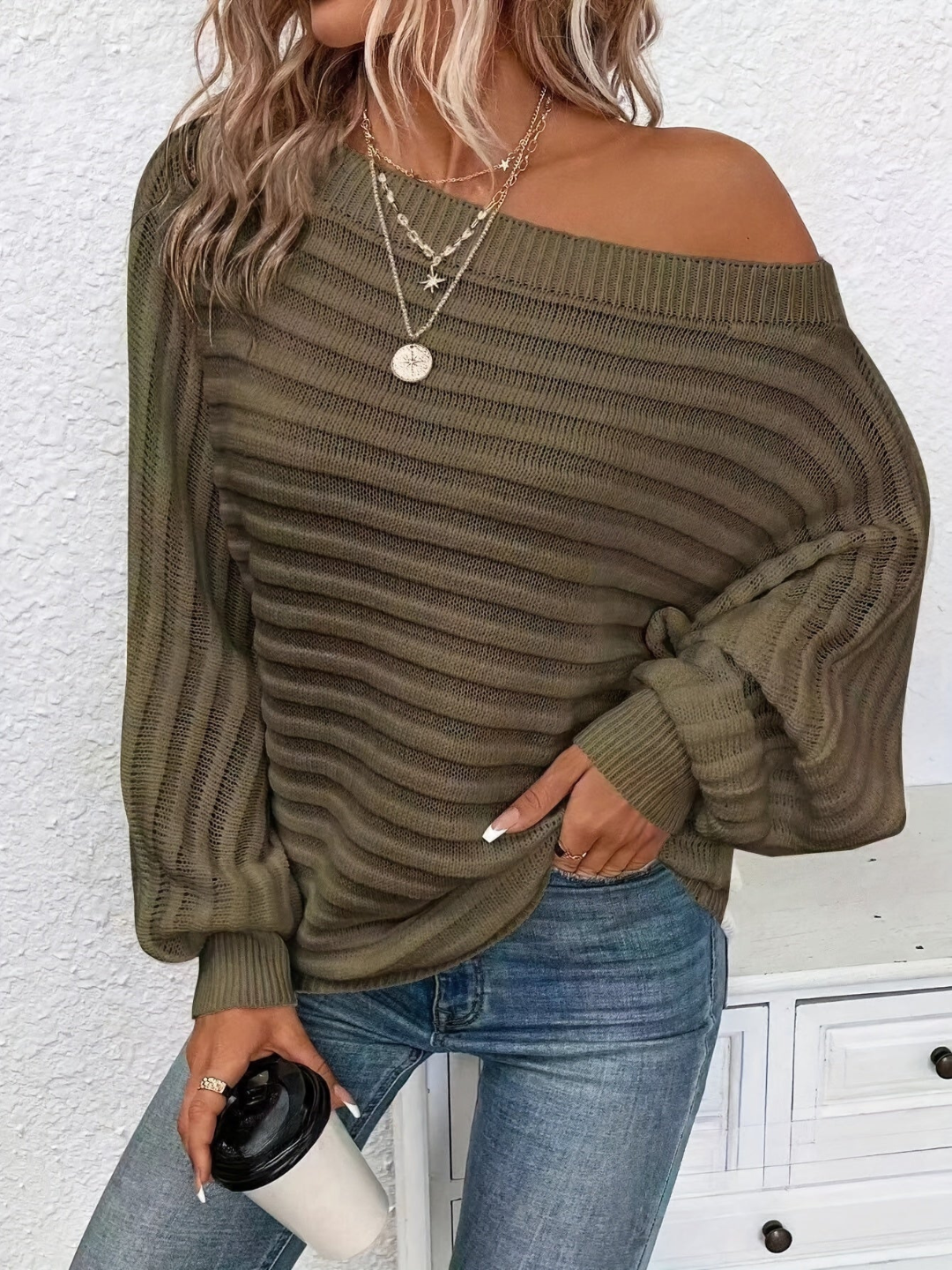 Pull chaud femme – Pull décolleté épaule élégant et confortable