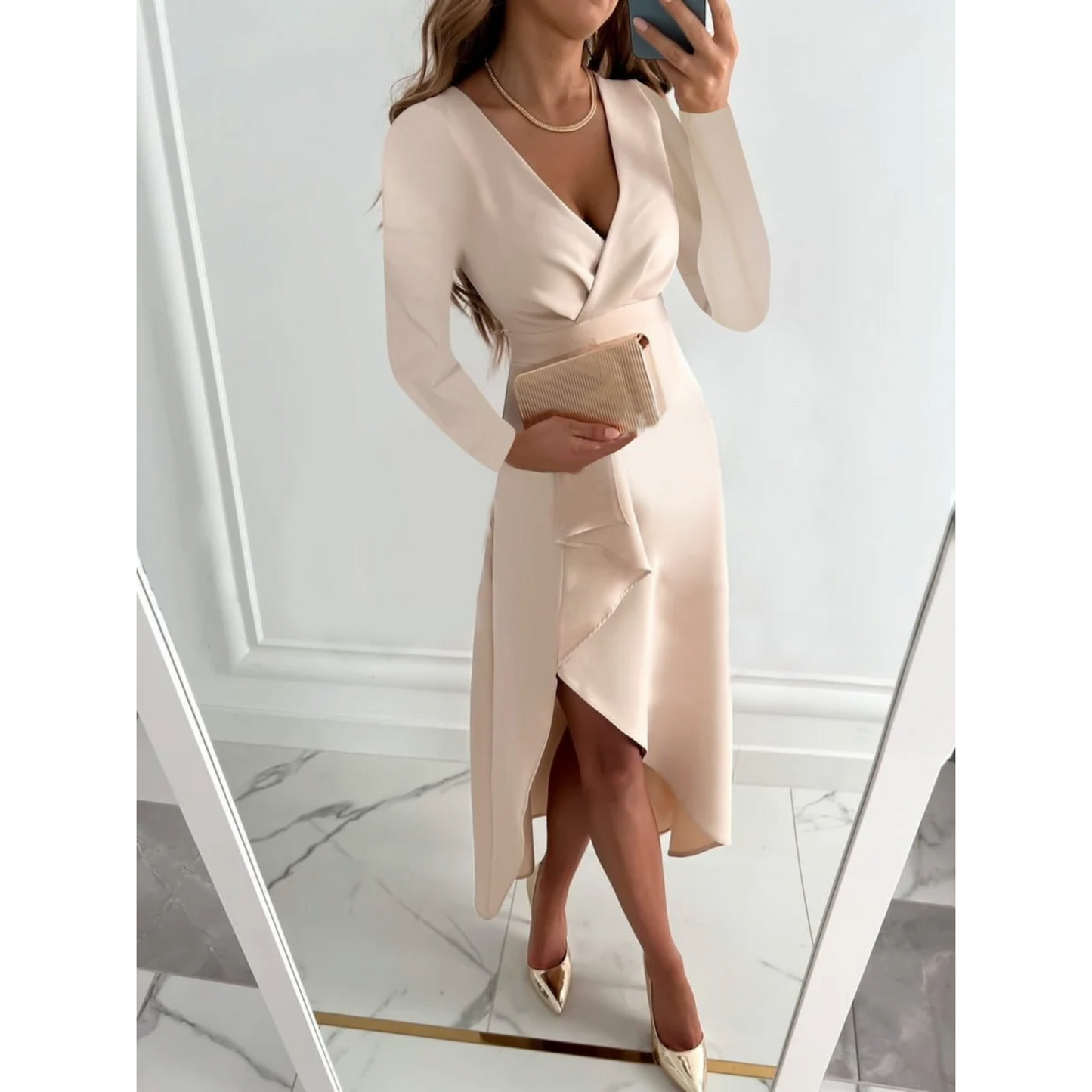 Robe de soirée femme – Midi chic élégante à manches courtes pour cérémonie