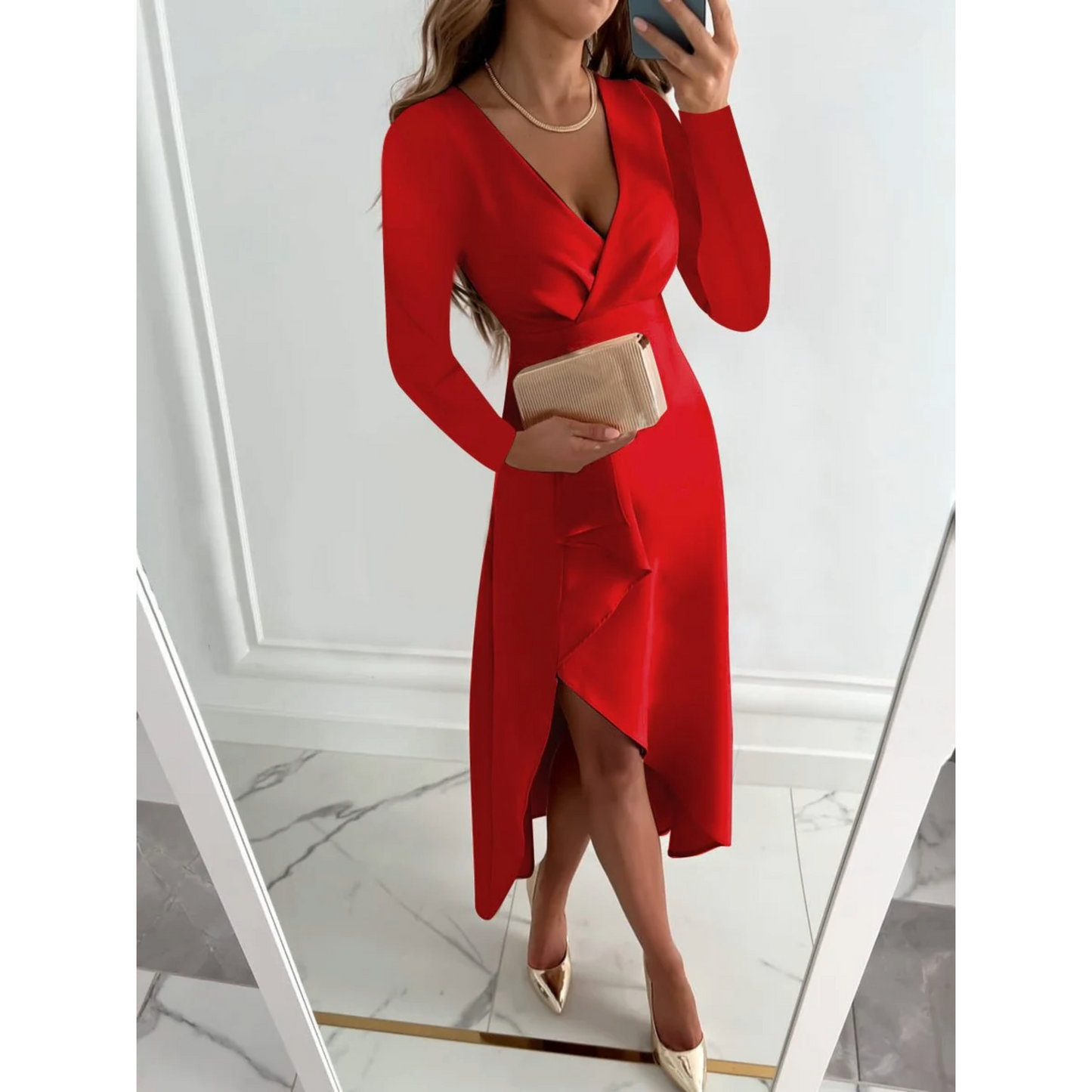 Robe de soirée femme – Midi chic élégante à manches courtes pour cérémonie